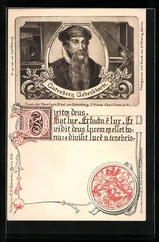 Künstler-AK Gutenberg-Portrait mit Manuskriptseite und Wappen