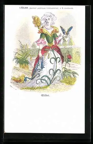 Künstler-AK sign. Grandville: Oeillet, Schmetterlinge landen auf Dame im Blumenkleid