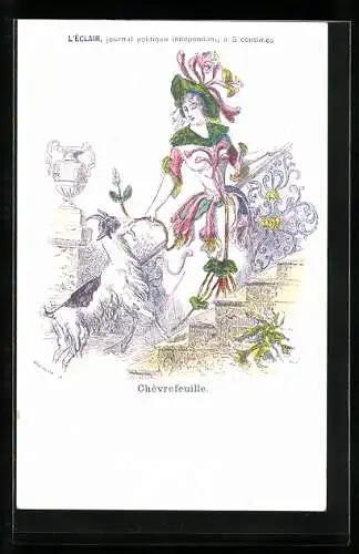 Künstler-AK sign. Grandville: Chèvrefeuille, Dame im Blumenkleid mit einer Ziege