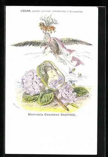 Künstler-AK sign. Grandville: Hortensia Couronne Impériale, Adler fliegt mit Blume über ein Damenportrait