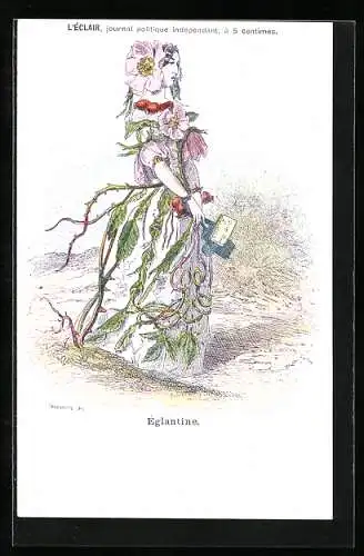 Künstler-AK sign. Grandville: Églantine, Vermenschlichte Rose als Dame im Blütenkleid