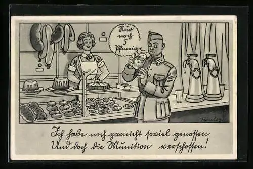 Künstler-AK Ferdinand Barlog: Soldat in Uniform in der Bäckerei