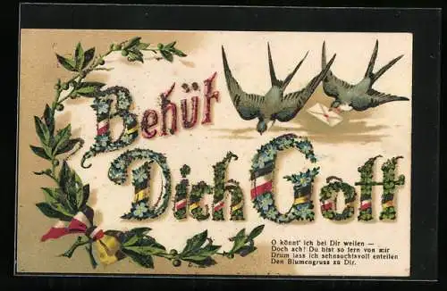 AK Behüt Dich Gott mit Blumen und Schwalben mit Brief