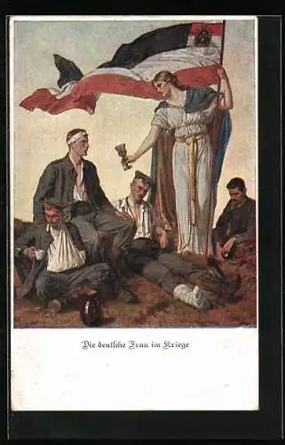 AK Die deutsche Frau im Kriege verteilt Wasser an die durstigen Krieger, Rotes Kreuz