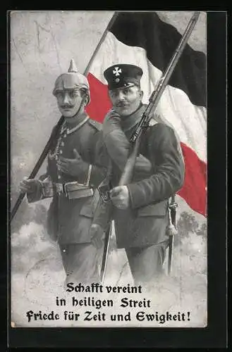 AK Deutsche Soldaten mit Fahne und Gewehr