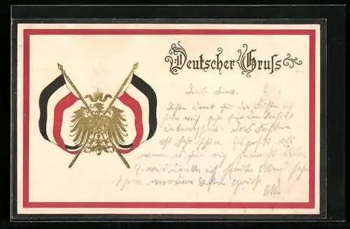 AK Deutscher Gruss, Reichsfahnen und Reichsadler mit Portrait Wilhelm II.