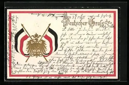 AK Reichsfahne mit Wilhelm II. und Reichsadler, Deutscher Gruss