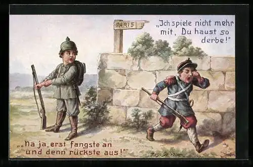 Künstler-AK Paris, Deutscher und französischer Soldat am Wegweiser nach Paris, Propaganda 1. Weltkrieg