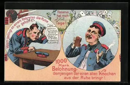 AK 1000 Mark Belohnung demjenigen, der einen alten Knochen aus der Ruhe bringt, Soldat der Reserve mit Bierkrug