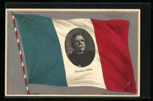 AK Portrait von General Joffre auf französischer Flagge