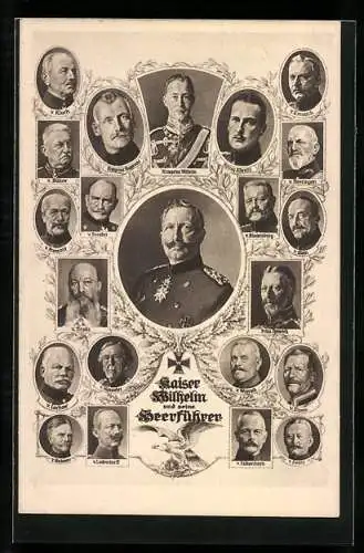 AK Kaiser Wilhelm II. und seine Heerführer, Profilbilder, 22 Ansichten, Reichsadler