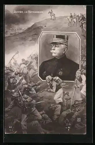 AK Joffre le Victorieux, Portrait General Joffres auf Schlachtfeld-Szene