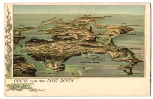 Relief-AK Rügen, Gesamtansicht der Insel