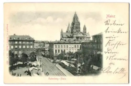 Relief-AK Mainz, Gutenberg-Platz und der Dom