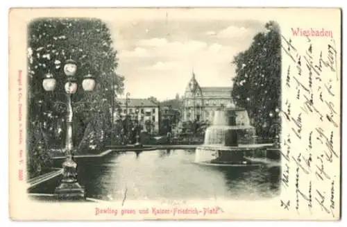 Relief-AK Wiesbaden, Bowling green und Kaiser Friedrich-Platz