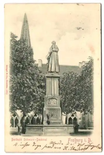 Relief-AK Freiburg i. B., Berthold Schwarz-Denkmal mit Kirche