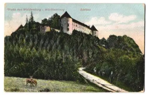 Relief-AK Waldenburg i. Württemberg, Rehe vor dem Schloss