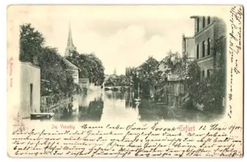 Relief-AK Erfurt, Im Venedig, Kanal mit Brücke und Kirche