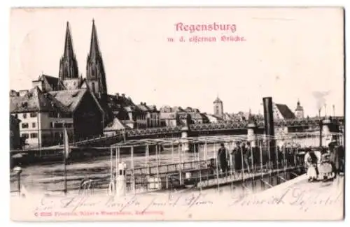 Relief-AK Regensburg, Stadtpartie mit der eisernen Brücke