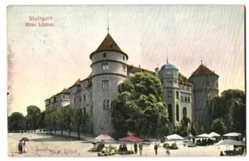 Relief-AK Stuttgart, Altes Schloss mit Marktständen