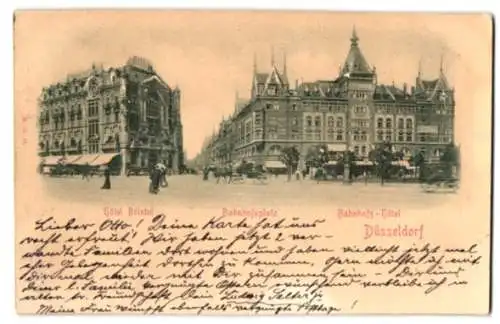 Relief-AK Düsseldorf, Hotel Bristol, Bahnhofsplatz und Bahnhofs-Hotel