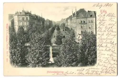 Relief-AK Köln-Neustadt, Hohenstaufenring mit Fontäne und Strassenbahn