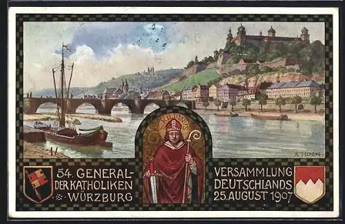 AK Würzburg, Flusspartie mit Brücke und Festung, Portrait von S. Kilianus mit Wappen