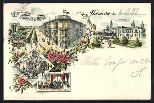 Lithographie Hannover, Continental-Hotel, Inneres Mittelteil des Restaurants und Ecksalon II. Etage