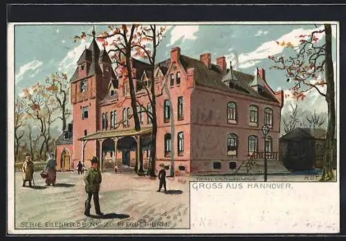 Lithographie Hannover-Eilenriede, Gastwirtschaft Pferdethurm, um 1900