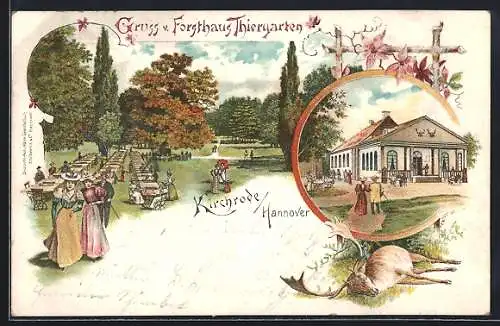 Lithographie Hannover-Kirchrode, Gaststätte Forsthaus Thiergarten mit Gartenlokal