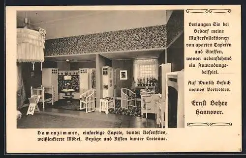 AK Hannover, Tapetengeschäft von Ernst Behre, Georgstrasse 7 Ecke Schillerstrasse, Damenzimmer