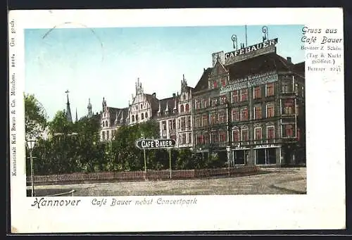 Goldfenster-AK Hannover, Cafe Bauer mit leuchtenden Fenstern nebst Concertpark