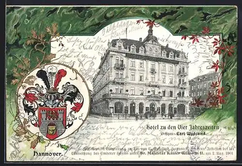 Passepartout-Lithographie Hannover, Hotel zu den Vier Jahreszeiten von Carl Wedekind, Wappen