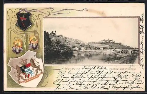 Passepartout-Lithographie Würzburg, Festung und Käppele, Wappen