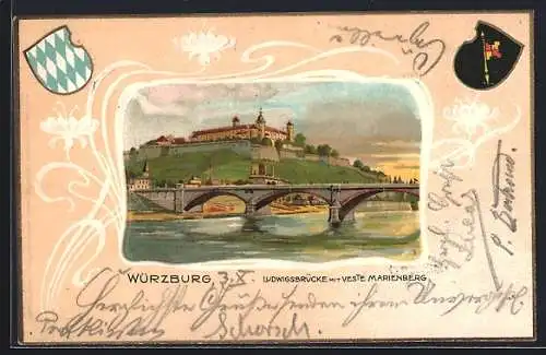 Lithographie Würzburg, Ludwigsbrücke mit Veste Marienberg, Wappen