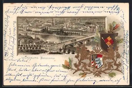 Passepartout-Lithographie Würzburg, Teilansicht der Stadt, Wappen