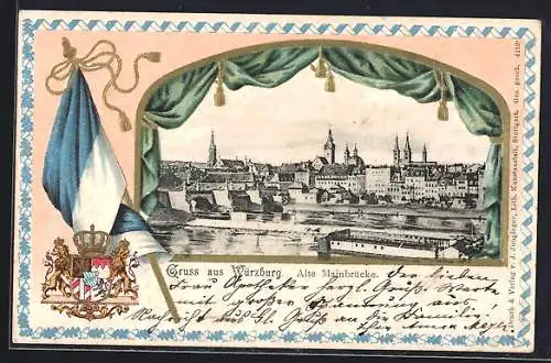 Passepartout-Lithographie Würzburg, Alte Mainbrücke durch ein Fenster mit Vorhang gesehen