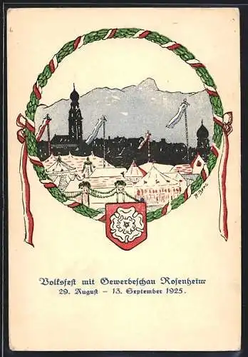 Künstler-AK Rosenheim / Bayern, Volksfest mit Gewerbeschau 1925, Ausstellungsgelände