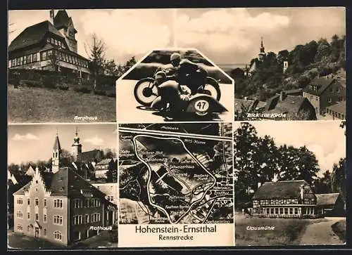 AK Hohenstein-Ernstthal, HO-Berggasthaus, Rennstrecke, Motorrad mit Beiwagen, Clausmühle