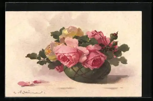 Künstler-AK Catharina Klein: Rosenstrauss in grüner Vase mit rosa und gelben Blüten