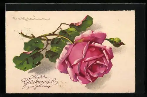 Künstler-AK Catharina Klein: Rose und Blattwerk mit Geburtstagsglückwünschen