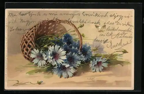 Künstler-AK Catharina Klein: Korb mit blauen Kornblumen und Schmetterling