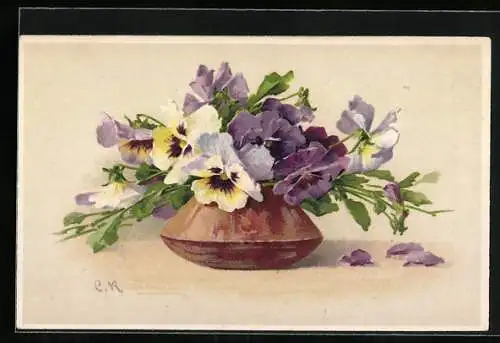 Künstler-AK Catharina Klein: Violette Stiefmütterchen in brauner Vase