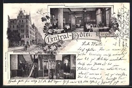 AK Würzburg, Central-Hotel mit Innenansichten
