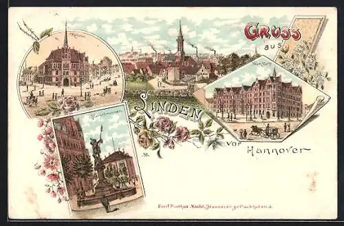 Lithographie Hannover-Linden, Marktbrunnen, Rathaus, Neuer Markt