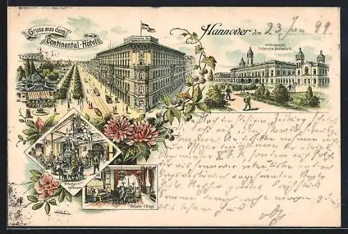 Lithographie Hannover, Continental-Hotel und Welfenschloss, Technische Hochschule