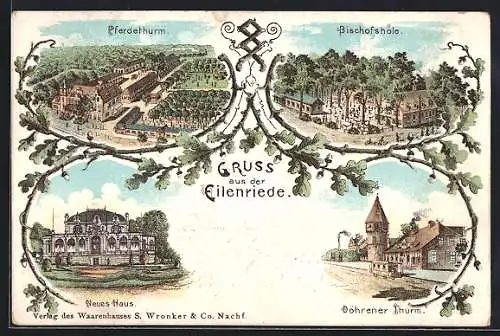 Lithographie Hannover, Eilenriede mit Bischofshole, Pferdeturm, Neues Haus, Döhrener Turm