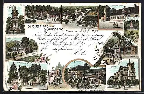 Lithographie Eilenriede /Hannover, Gasthof Bischofshof, Steuerndieb, Lister Thurm Zool. Garten, Kurhaus