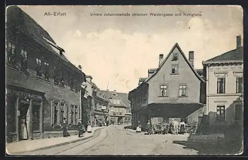 AK Erfurt, Alt-Erfurt, Untere Johannesstrasse zwischen Waldengasse und Kohlgrube, mit Geschäft Hermann Rust