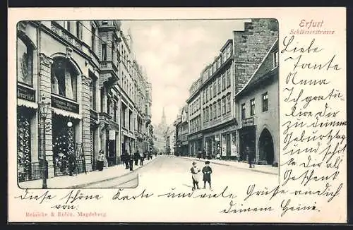 AK Erfurt, Schlösserstrasse mit Geschäften und Blick zum Kirchturm